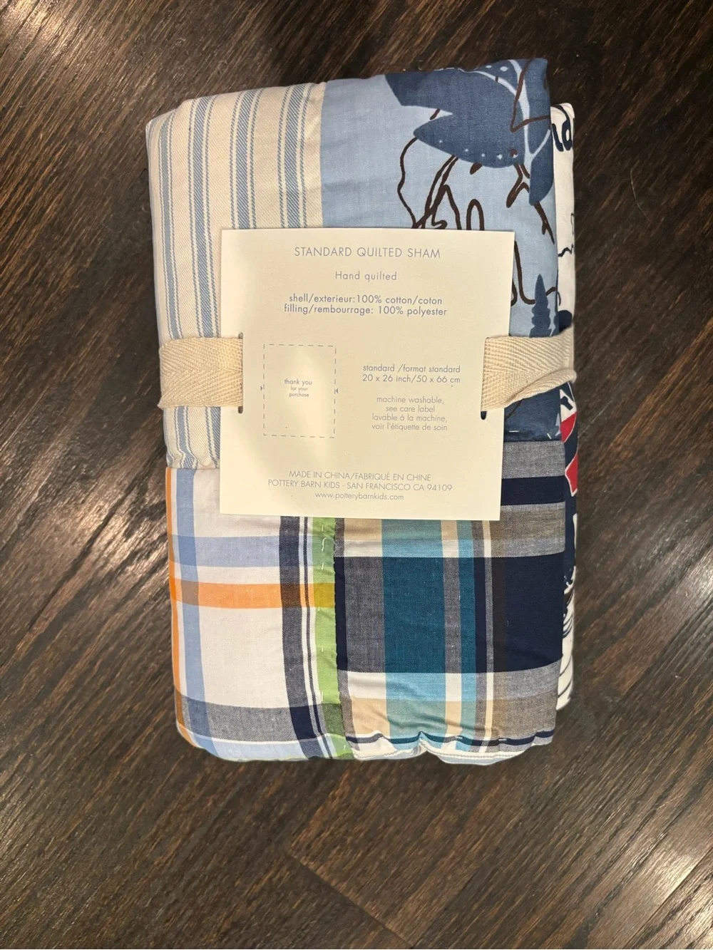 Pottery Barn Kids Blue Plaid Reversible Quilt Lahaina surfing & two shams. NWT